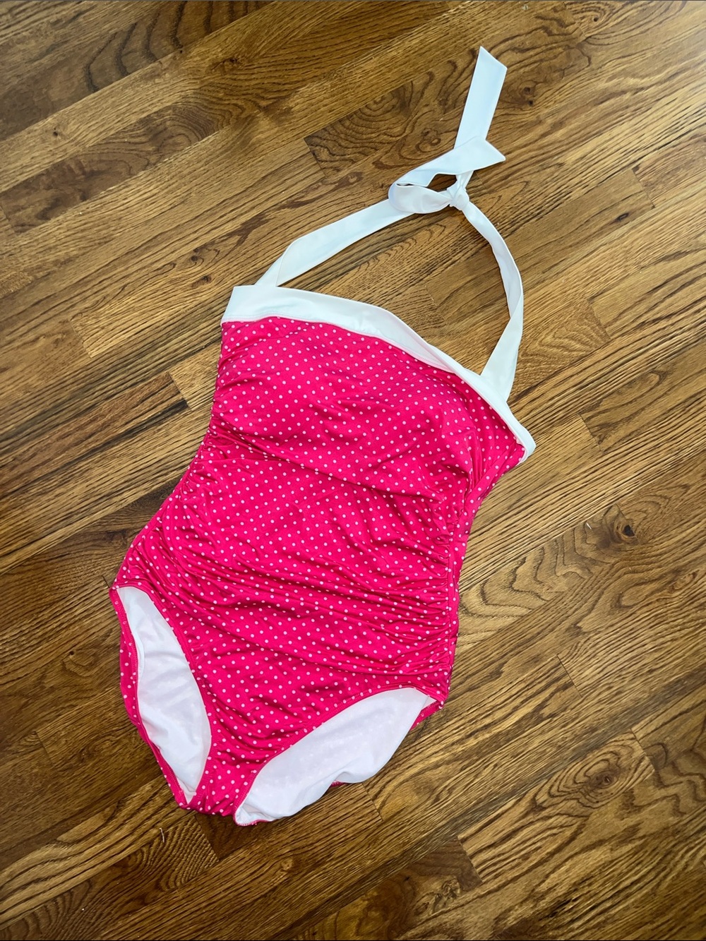 Lauren Ralph Lauren Hot Pink Polka Dot Halter One-Piece Swimsuit with White Trim